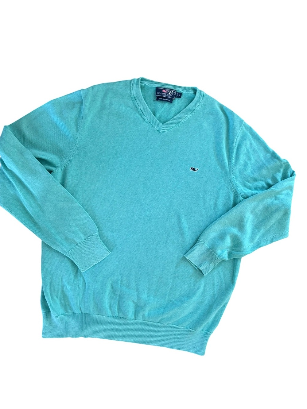 Vineyard Vines Saltwater V Neck Sweater Sz L Cashmere Blend Teal Summer Preppy